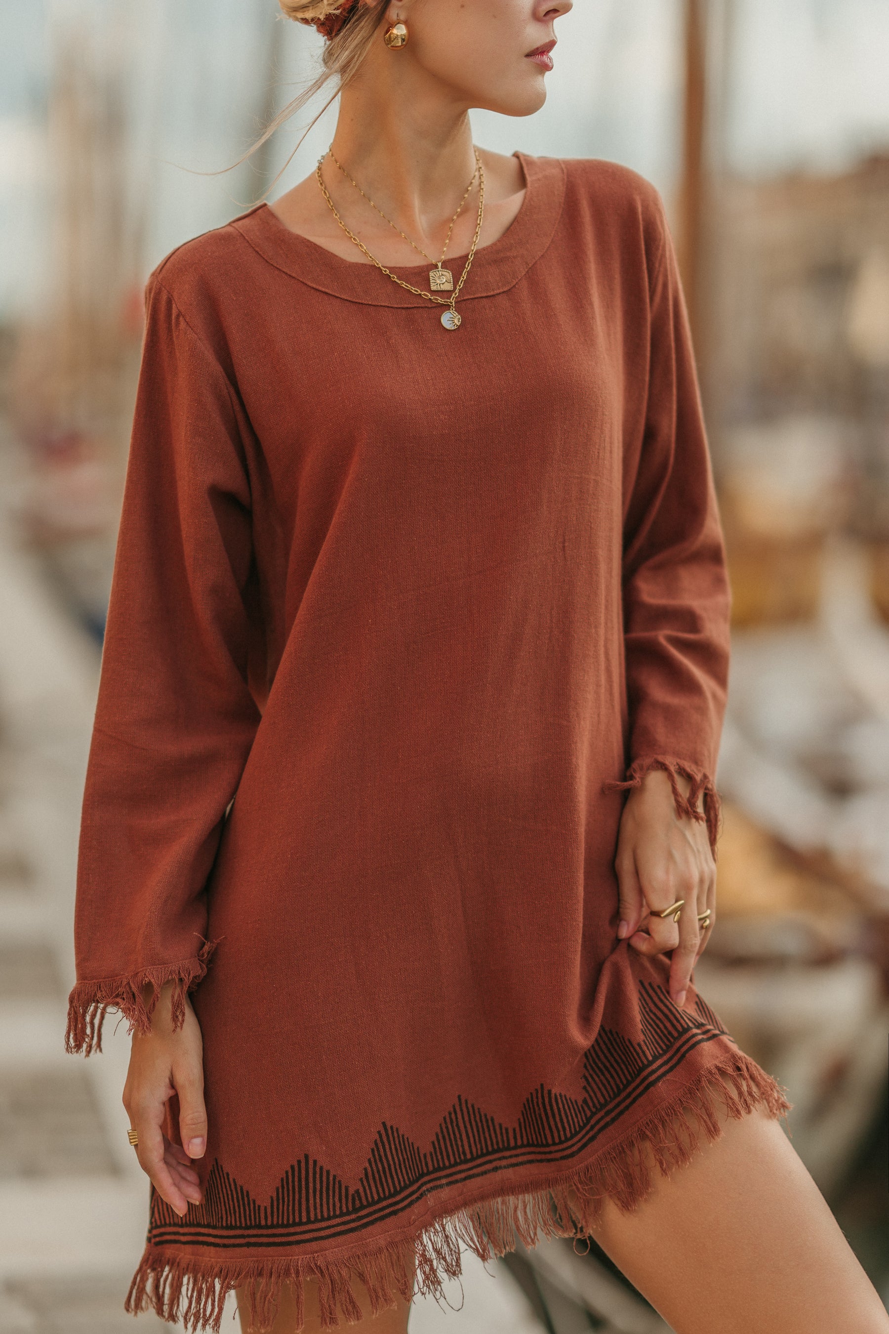 Robe manche longue frange