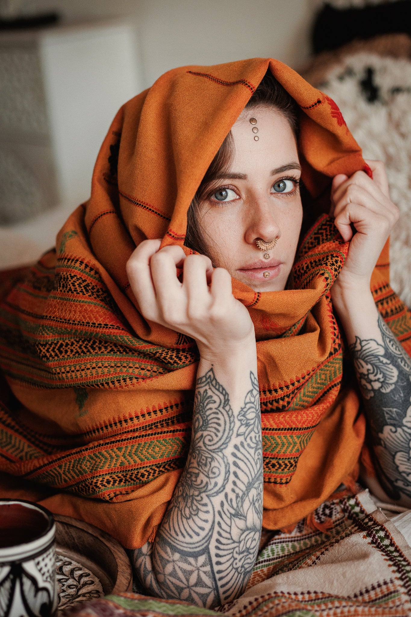 Red embroidered shawl