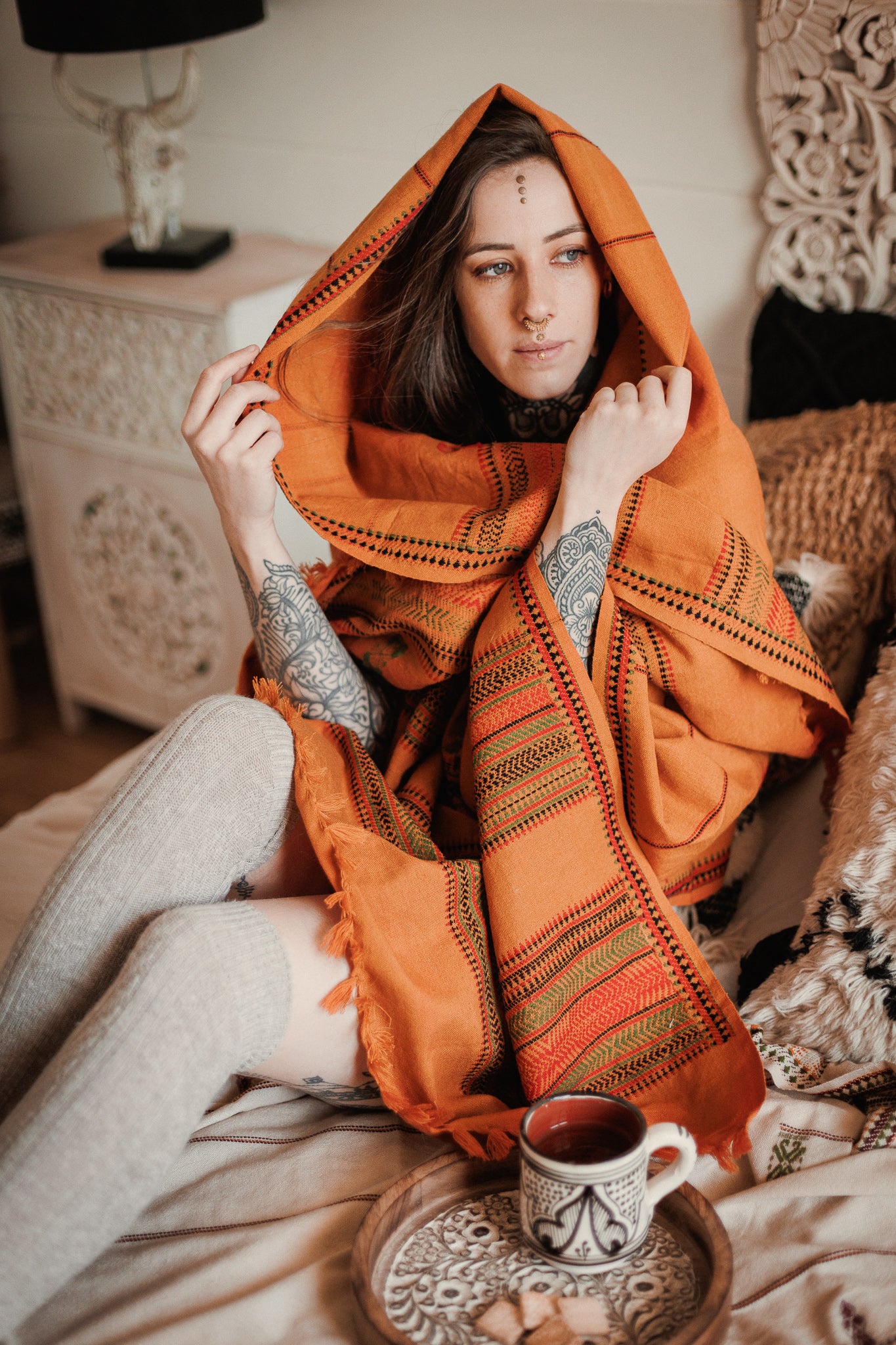 Red embroidered shawl