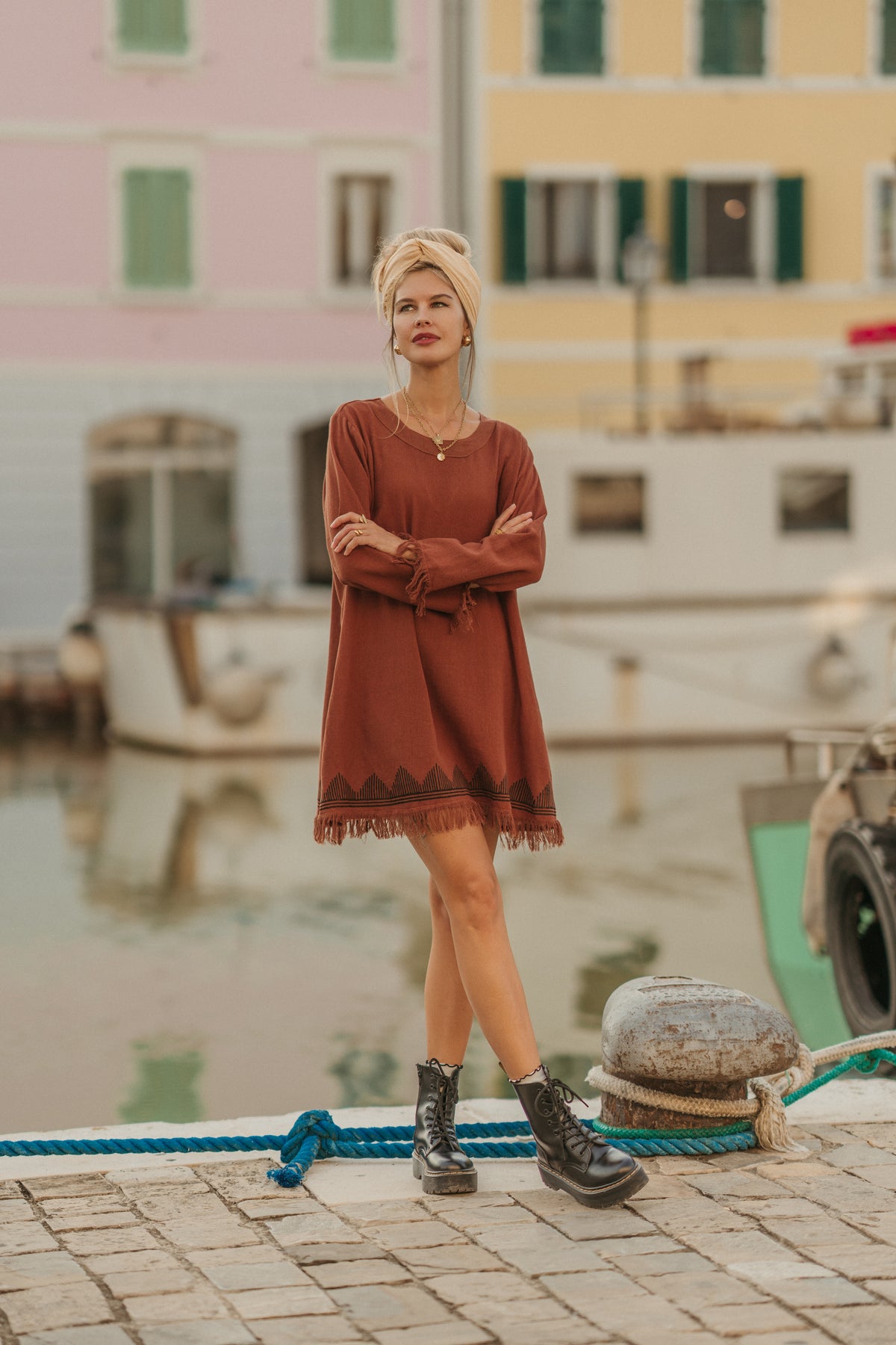 Robe manche longue frange