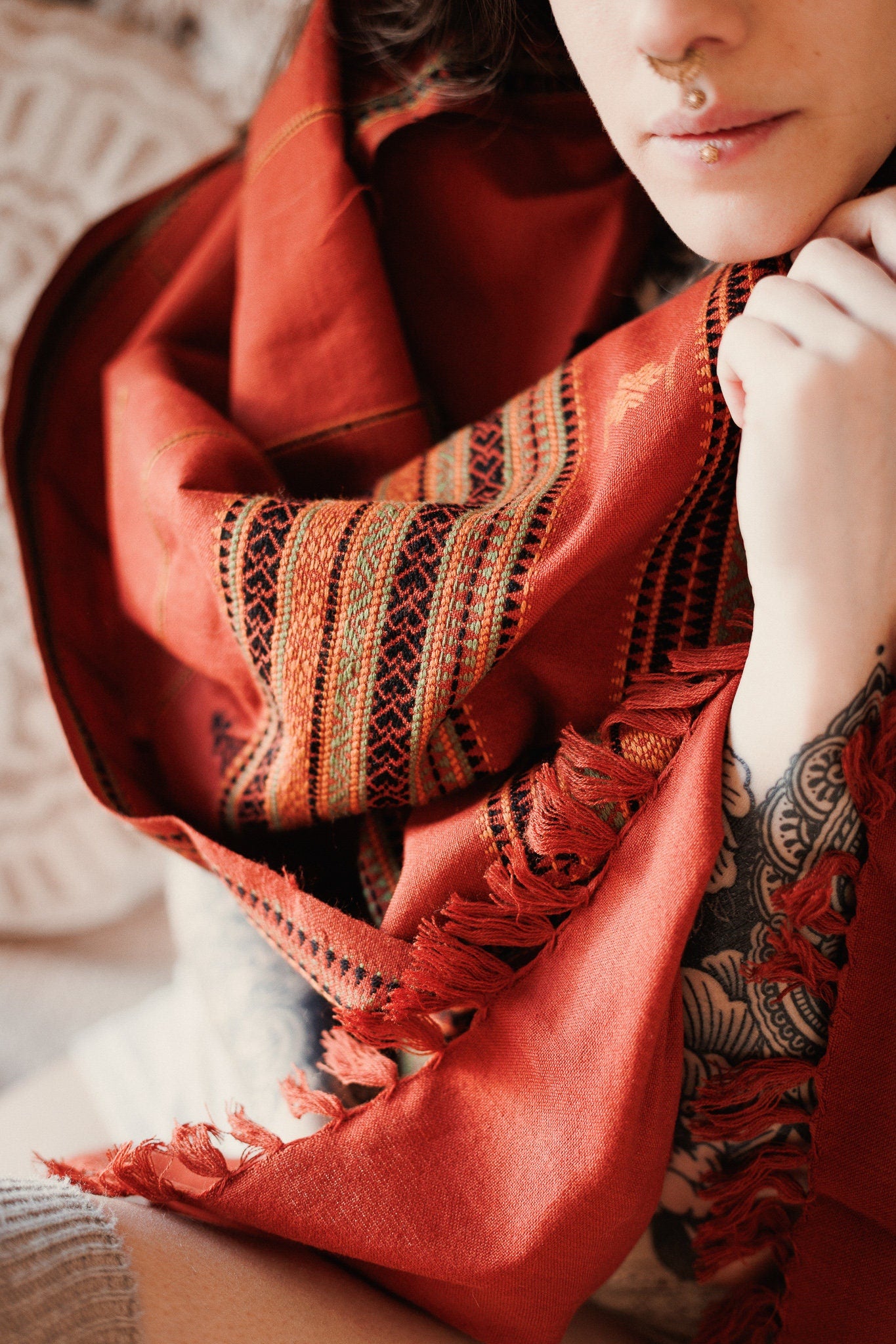 Red embroidered shawl